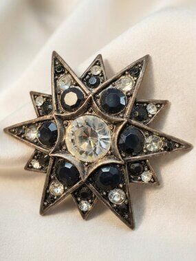 Star Brooch Black Clear Glass Rhinestone Silver Tone Starburst Pin 2.25"